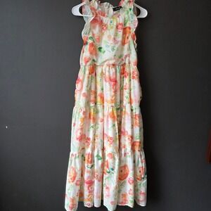 Anna Grace Floral Watercolor Tiered Midi Dress Sleeveless Ruffle‎ Cotton Pink M